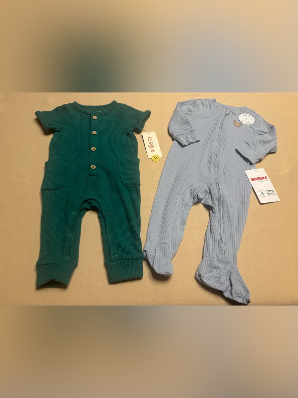 NEW Baby Bodysuit One Piece 3-6 Months Blue Green Ribbed Teddy Bear Huggies